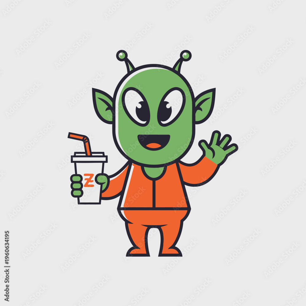 Obraz premium Cute green alien waving and holding a drink, cartoon character, friendly extraterrestrial