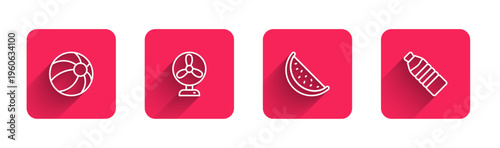 Set line Beach ball, Electric fan, Watermelon and Bottle of water with long shadow. Red square button. Vector
