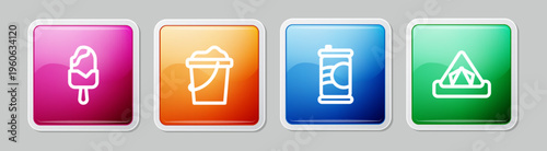 Set line Ice cream, Sand in bucket, Soda can and Tourist tent. Colorful square button. Vector