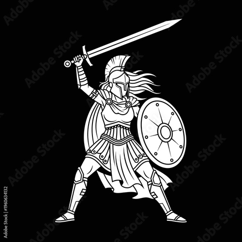 Warrior Woman with Sword and Shield, Ancient Greek Warrior, Female Soldier Illustration