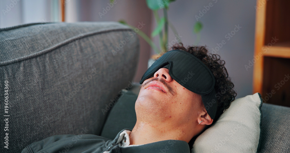 Fototapeta premium Counselor, therapist and man with blindfold, memory technique and session for recovery or support. Consultation, psychology and patient with sensory depravation for mental health, check up and help