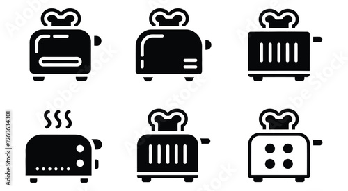 Kitchen toaster pictogram, minimalist household appliance icons, breakfast and food preparation symbols, cooking vector illustration