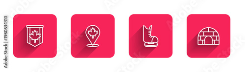 Set line Pennant flag of Canada, Canadian maple leaf, Skates and Igloo ice house with long shadow. Red square button. Vector