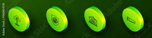 Set Isometric line Tree, Wooden logs, and Hand saw icon. Vector