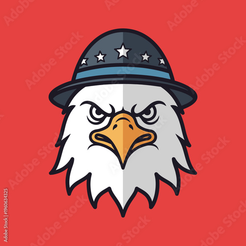 Patriotic Eagle Wearing a Stars and Stripes Hat on Red Background