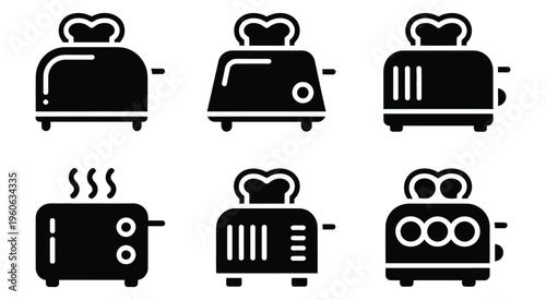 Kitchen toaster pictogram, minimalist household appliance icons, breakfast and food preparation symbols, cooking vector illustration