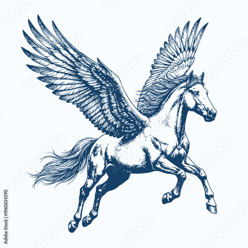 Hand Drawn Pegasus Winged Horse Engraving Vector Illustration 