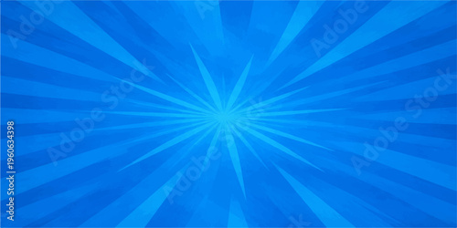 An abstract blue sunburst background design features bright light rays and a glowing star burst vector pattern that creates a sunny summer sky flare illustration for a shine beam art backdrop