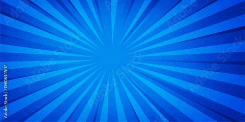 An abstract blue sunburst background featuring bright radial rays and a glowing light beam design creates a vibrant summer sky illustration with a vector starburst pattern backdrop