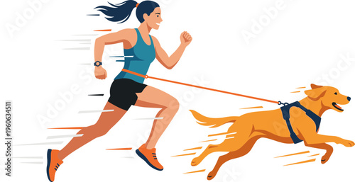 Woman runs quickly with energetic dog on leash outdoors in park