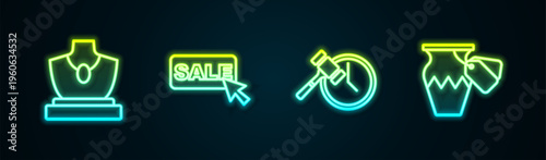 Set line Auction jewelry sale, Price tag with Sale, hammer and ancient vase. Glowing neon icon. Vector
