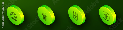 Set Isometric line Christian cross with globe, Church sermon tribune, Holy bible book and icon. Vector