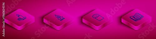Set Isometric line Burning candle in candlestick, Church building, Easter cake and Holy bible book icon. Vector