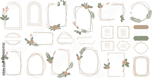 Elegant floral frames and borders collection flat vector illustration minimal botanical labels with leaves flowers and geometric shapes for design