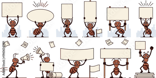 Ant Protest Illustration Set with Cute Cartoon Insects Holding Blank Banners and Megaphones Demonstrating Marching and Activism Concepts for Creative Design Projects