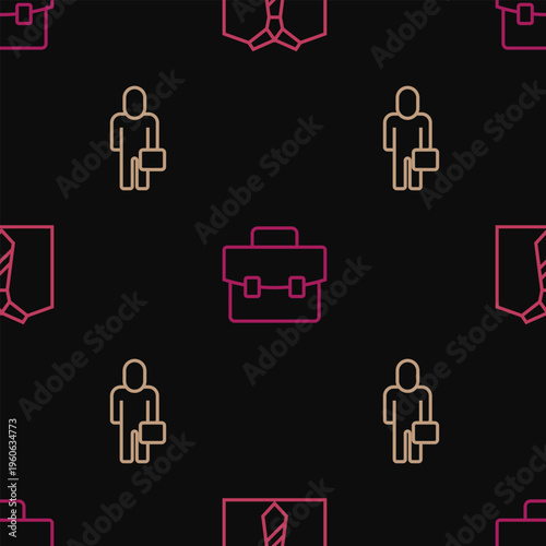 Set line Tie, Businessman and Briefcase on seamless pattern. Vector