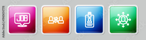 Set line Search job, Exchange work, Identification badge and Multitasking manager working. Colorful square button. Vector