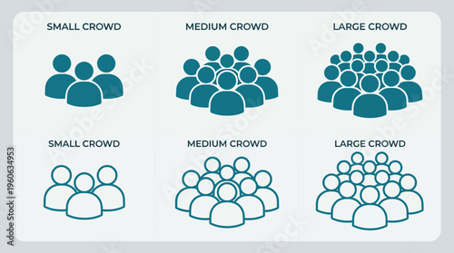 Illustration of small, medium, and large crowds with varying numbers of people, vector graphic.