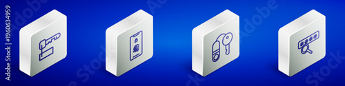 Set Isometric line Marked key, Mobile with fingerprint scan, House and Password protection icon. Vector