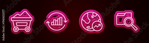 Set line Coal mine trolley, Pie chart infographic, Financial growth and Search with folder. Glowing neon icon. Vector