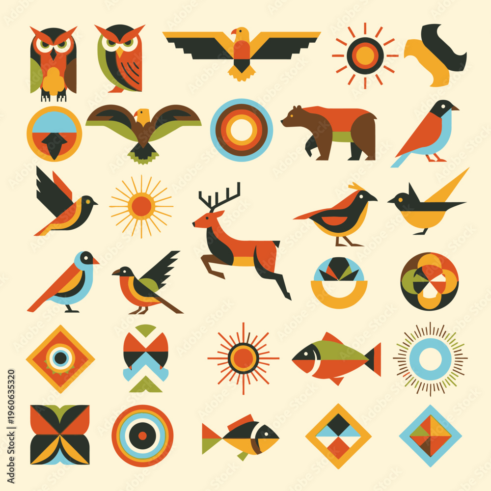Fototapeta premium Geometric Animals and Symbols Vector Set: Birds, Bear, Deer, Eagle, Fish, Sun