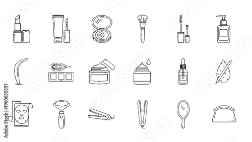 Minimalist beauty icons set, 18 hand drawn cosmetic line art elements, skincare and makeup vector illustrations for packaging and web design