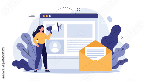 Marketing expert using digital tools and email notifications to broadcast brand messages and engage with a wider online community.