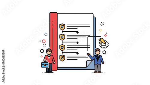 Business professionals reviewing a multi-step security process and safety protocols on a large document board in a modern office.