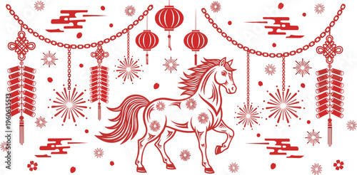 Chinese New Year Horse Illustration with Lanterns Fireworks and Traditional Decorative Elements Festive Zodiac Design for Lunar Festival Celebration and Cultural Art