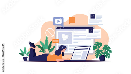 Young woman lying on the floor with a laptop and headphones while studying or browsing social media in a cozy and quiet room.