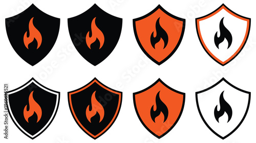 Shield fire protection icon set, fire safety shield icons, flame protection warning symbols, emergency defense badge collection, heat resistance security mark, firefighting protection system icons, 