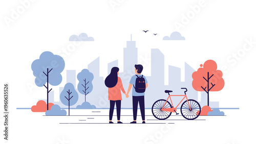 Couple standing in a city park while holding hands and looking at the urban skyline during a romantic sunset evening walk.