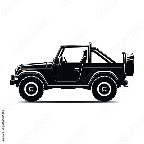 A black off-road vehicle is depicted in a side profile against a white background.