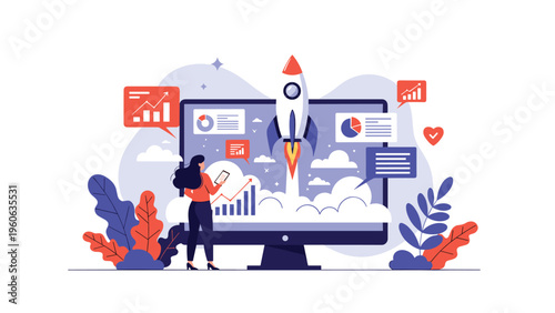 Business professional watching a rocket launch from a digital screen representing successful startup growth and innovation.