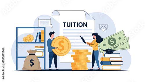 Students calculating tuition fees with stacks of coins and paper documents to plan for their higher education expenses.