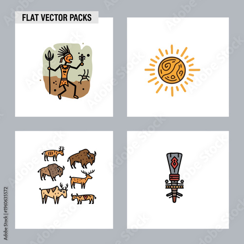 Flat Vector Icons: Primitive Man, Sun, Wildlife, Torch - Ancient Culture Collection