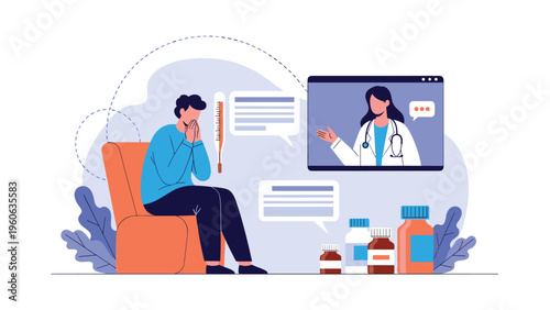 Sick man having an online medical consultation with a doctor through a video call on a laptop screen while resting at home.
