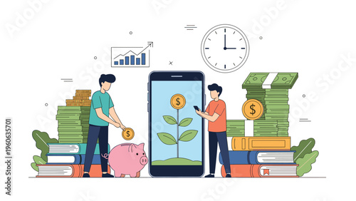 Two people using a mobile phone to grow their financial savings and investments represented by a small plant and coins.