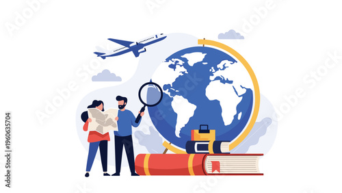 Couple planning a world travel trip using a globe and maps to explore different countries and unique cultures abroad.