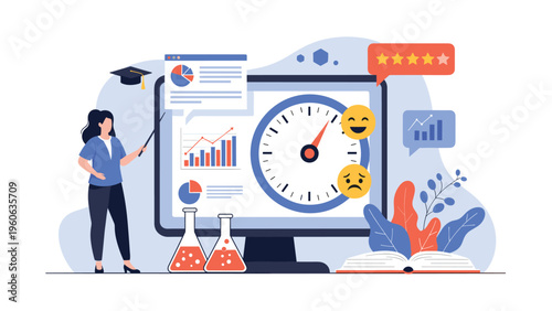 Teacher explaining data charts and performance metrics on a large computer screen to students or a business audience.