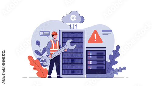 IT technician repairing a server rack with a large wrench while a cloud security alert appears on a nearby monitor screen.