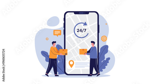 Two couriers delivering packages with a 24/7 service label on a large smartphone screen displaying a city street map.