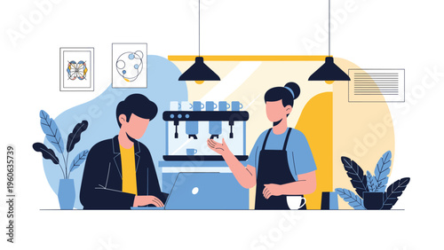 Barista taking a coffee order from a customer working on a laptop in a modern cafe environment with professional machines.