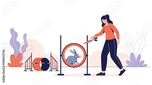 Woman training a rabbit in an agility course with hoops and tunnels using a fresh carrot as a reward for its exercise.