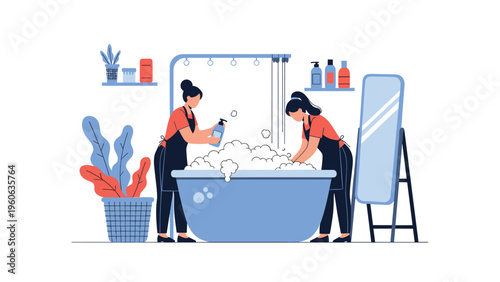 Two professional pet groomers washing a dog in a large bathtub filled with soap bubbles at a modern grooming salon.