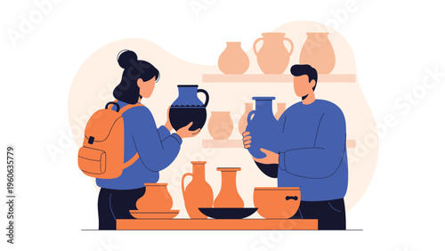 Couple exploring a pottery shop and admiring blue ceramic vases on a display shelf during a creative hobby weekend trip.