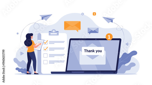 Woman completing a feedback survey on a clipboard next to a laptop screen displaying a thank you message from a service.