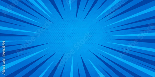 Bright blue sunburst background with abstract light rays and star explosion design elements for a vibrant summer sky wallpaper illustration