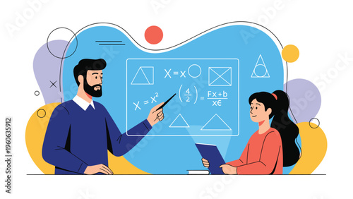 Teacher explaining mathematical formulas and geometric shapes to a young student in a modern classroom setting.