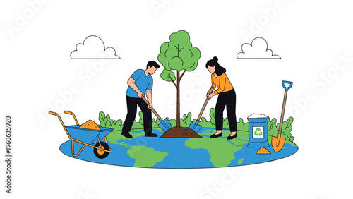 Volunteers planting a tree on a green globe to represent environmental protection and ecological sustainability efforts.